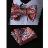 Red Brown Paisley Mens Silk Self tie Bow Tie with Pocket Squares Set - Amedeo Exclusive